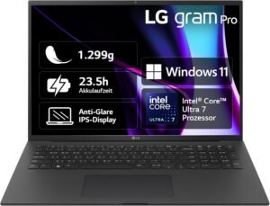 LG gram Pro Notebook 17 Zoll mit Windows 11 Home Intel Core Ultra 7 Prozessor 16GB LPDDR5x RAM 1TB Dual SSD 17Z90SP-G.AA78G - Schwarz