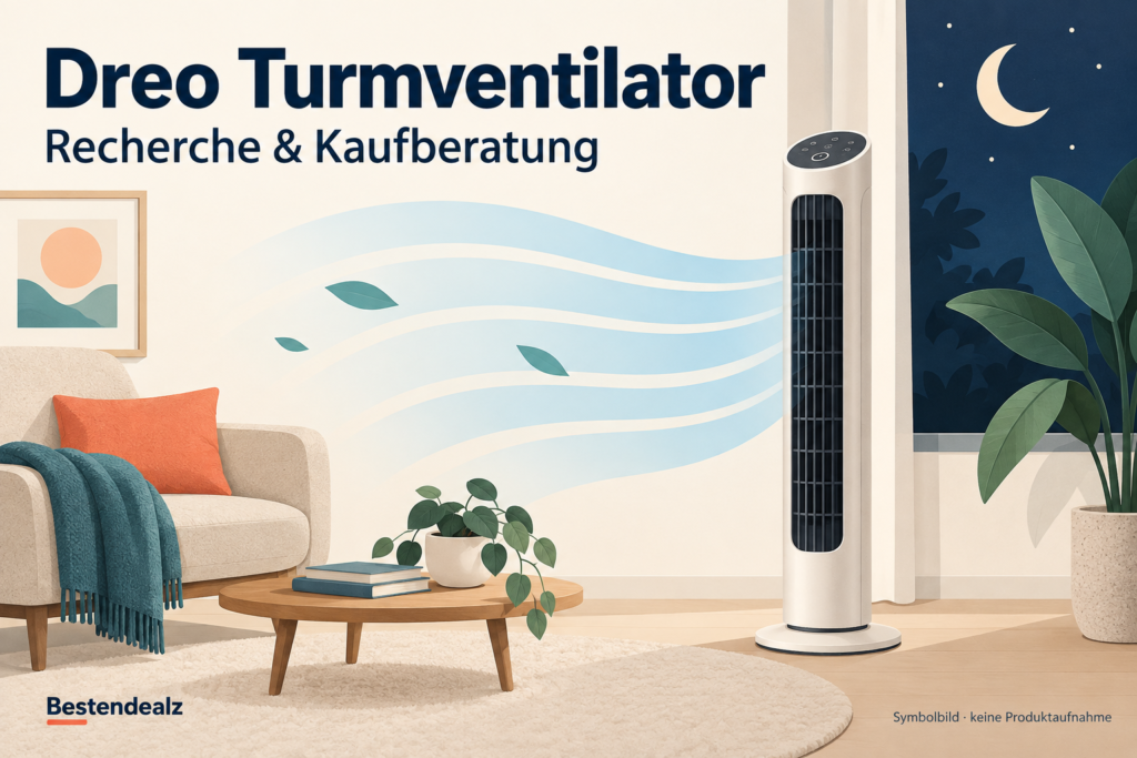 Originale Symbolillustration eines Turmventilators mit Luftstrom im Wohnraum; keine Abbildung der konkreten Dreo-Ausführung.