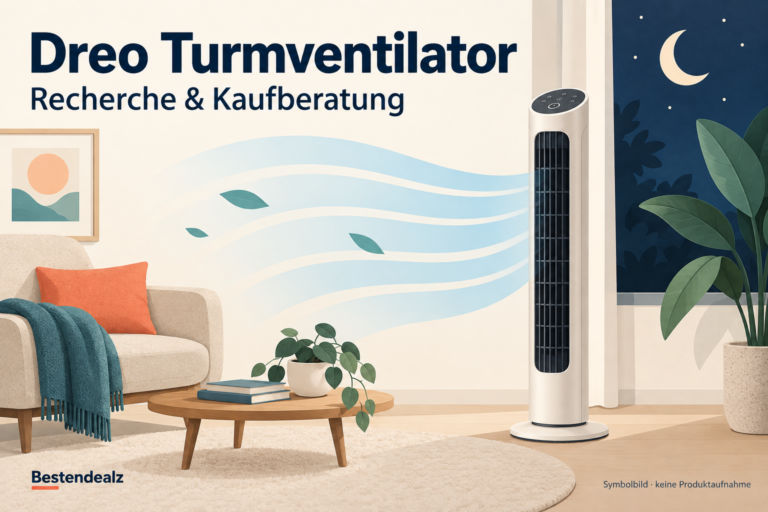 Originale Symbolillustration eines Turmventilators mit Luftstrom im Wohnraum; keine Abbildung der konkreten Dreo-Ausführung.