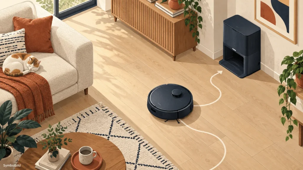Originale Symbolillustration eines Saugroboters mit Reinigungsstation im Wohnzimmer; keine Abbildung des konkreten Roborock Qrevo S Pro.