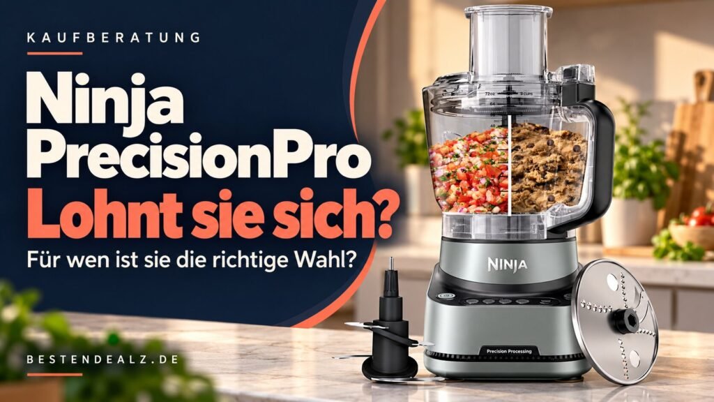 Redaktionell gestaltetes Titelbild: Ninja PrecisionPro Küchenmaschine mit Zubehör und der Frage „Lohnt sie sich?“